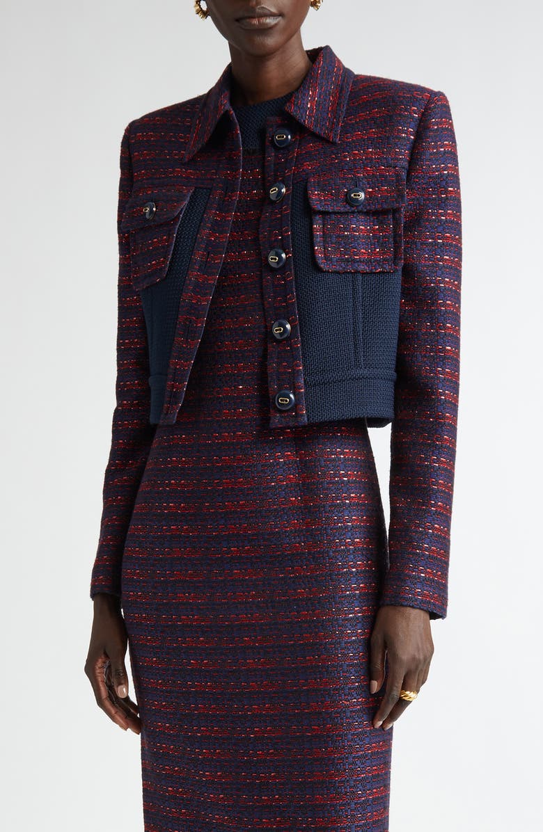 ST. JOHN Colorblock Tweed Crop Jacket, Main, color, Midnight/ Geranium Multi