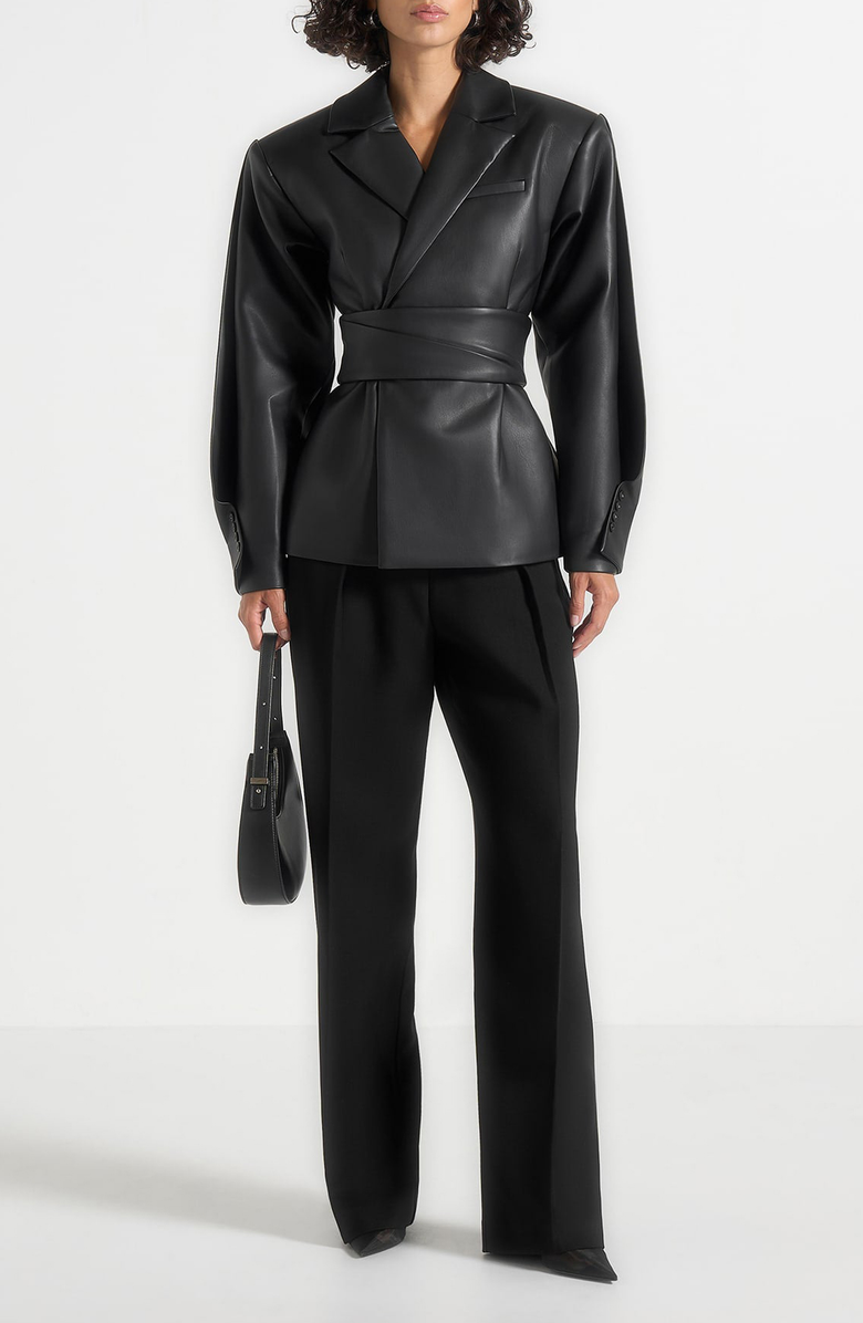 Manière De Voir Marie Twist Sleeve Leather Blazer with Belt, Alternate, color, Black