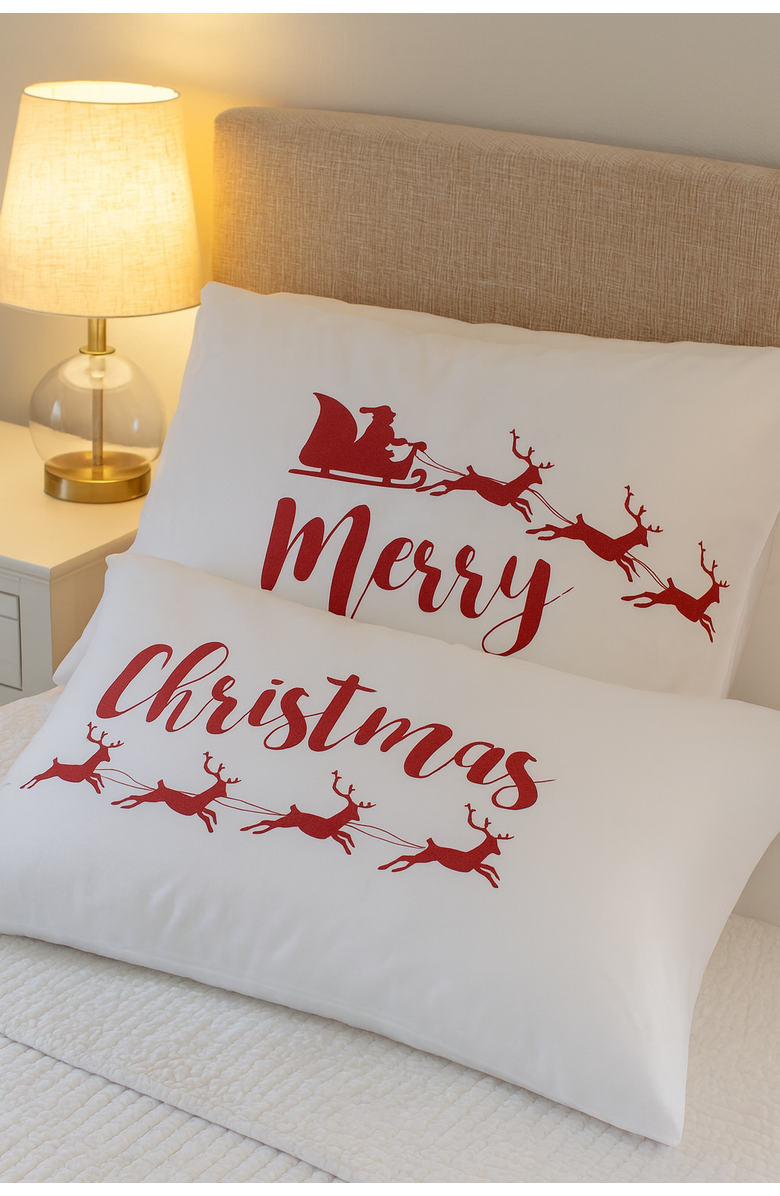 C&F Home "Merry Christmas" Santa Sleigh & Reindeer Cotton Blend Set of 2 Pillowcases 20" x 30", Alternate, color, White