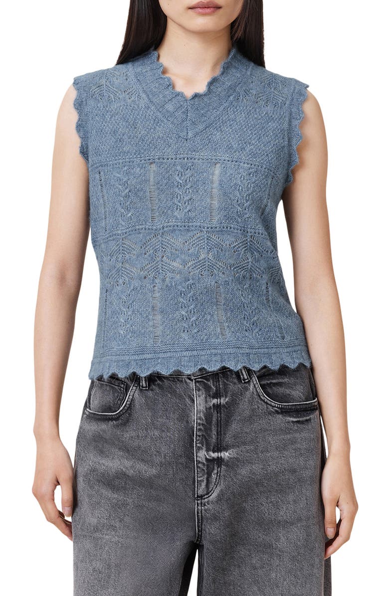 AllSaints Vanessa Pointelle Knit Sweater Vest, Main, color, Light Denim Blue