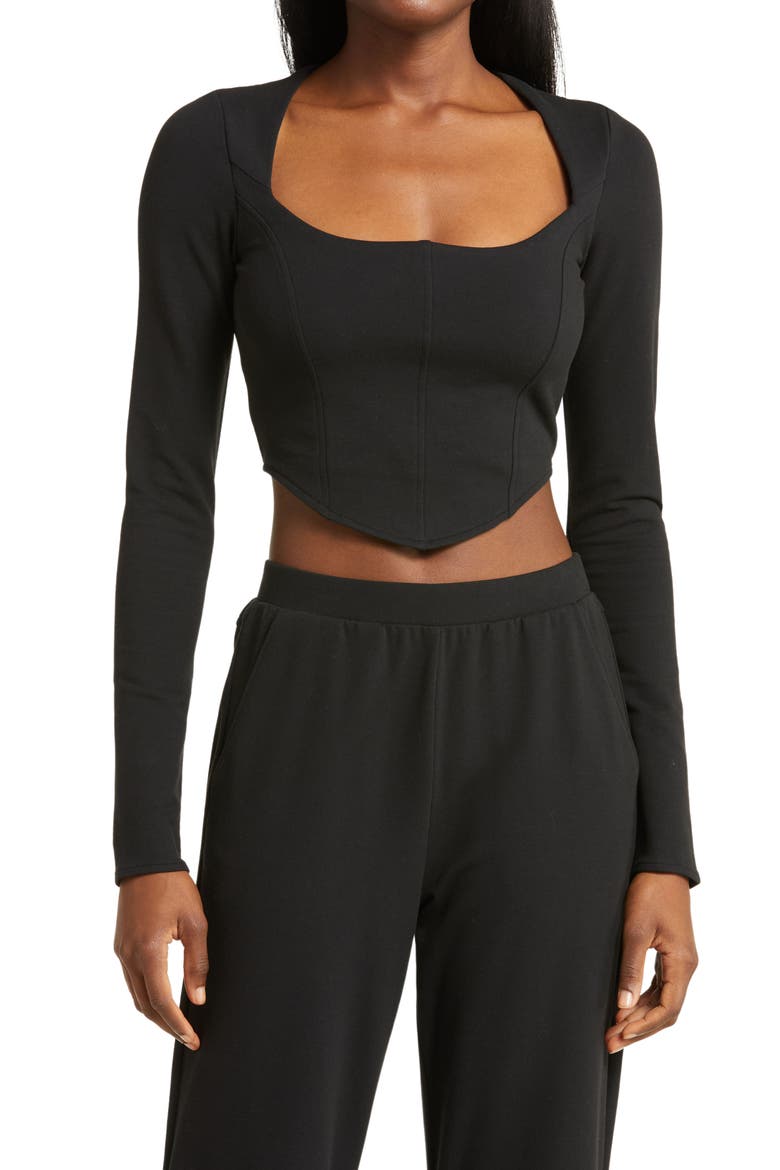 Corset Detail Crop T-Shirt, Main, color, BLACK