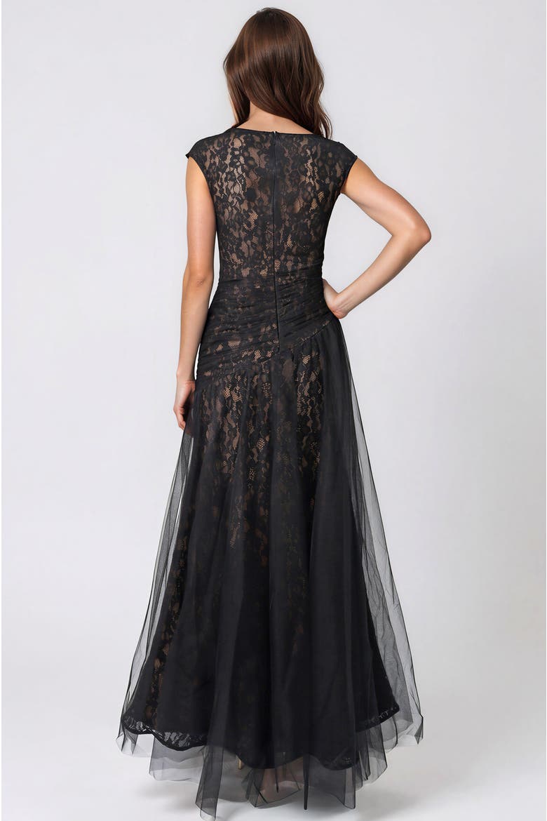 Bateau Neck Lace Tulle A-Line Gown, Alternate, color, Black