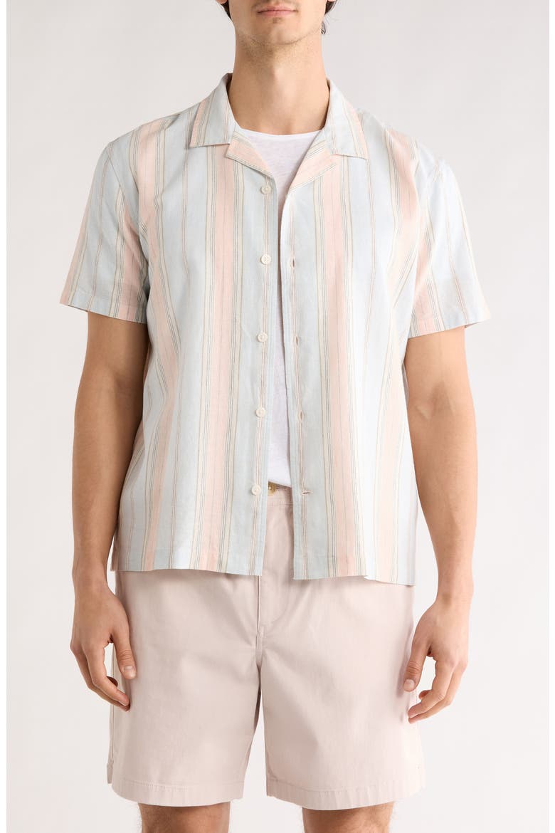 Linen & Cotton Short Sleeve Camp Shirt, Main, color, BLUE RIVER STRIPE