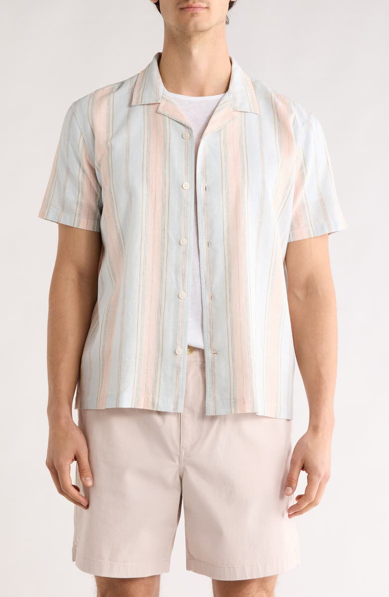 14th & Union Linen & Cotton Short Sleeve Camp Shirt, Main, color, Blue River Stripe