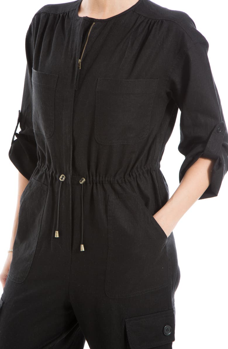 MAX STUDIO Drawcord Waist Long Sleeve Cargo Jumpsuit, Alternate, color, Black