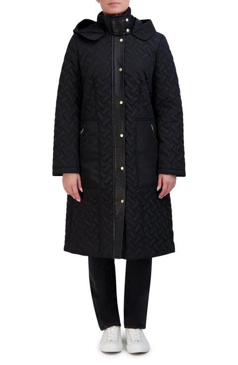 Leather Trim Hooded Quilted Coat