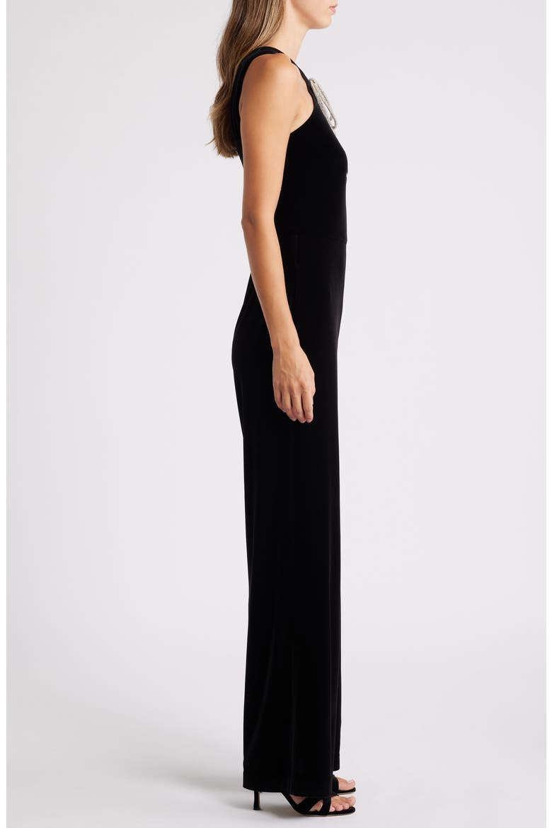 Rhinestone Tie Neck Wide Leg Velvet Jumpsuit, Alternate, color, BLACK