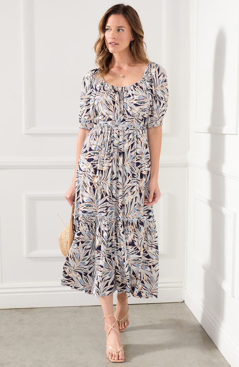Karen Kane Palm Print Puff Sleeve Midi Dress, Alternate, color, Print