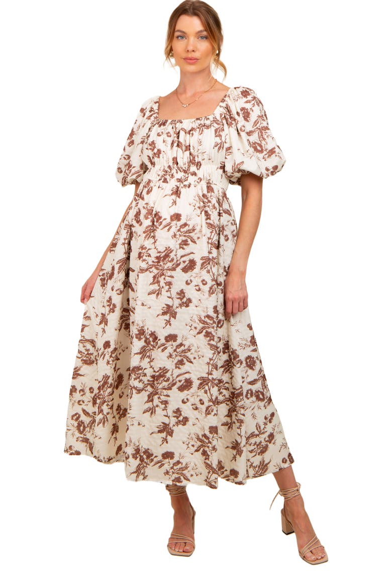 Floral Puff Sleeve Midi Dress, Alternate, color, Brown