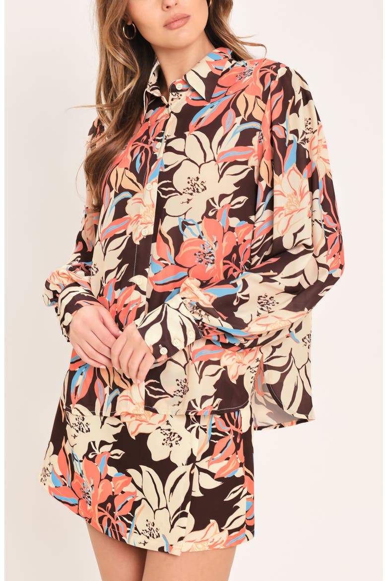 Floral Button Front Shirt, Alternate, color, DARK BROWN