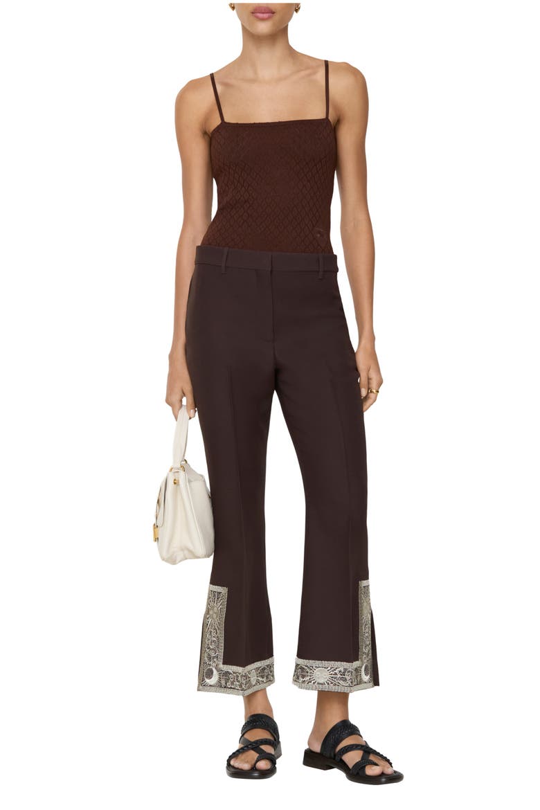 Cropped Embroidered Wool Silk Flared Trousers, Main, color, Charred brown