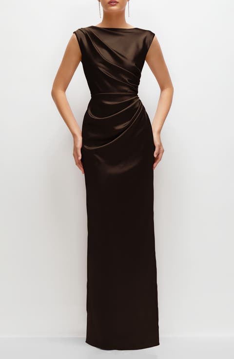 Pleated Cap Sleeve Charmeuse Gown
