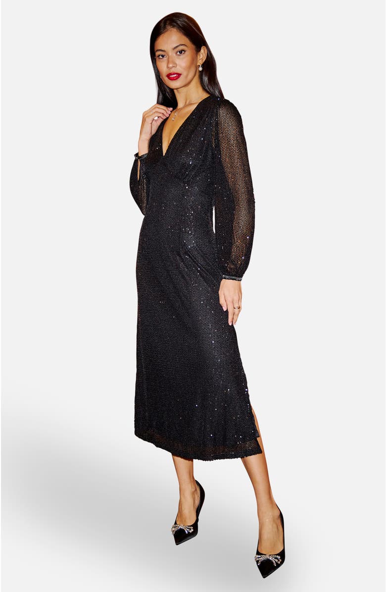 Yumi Sequin Long Sleeve Midi Dress, Main, color, Black