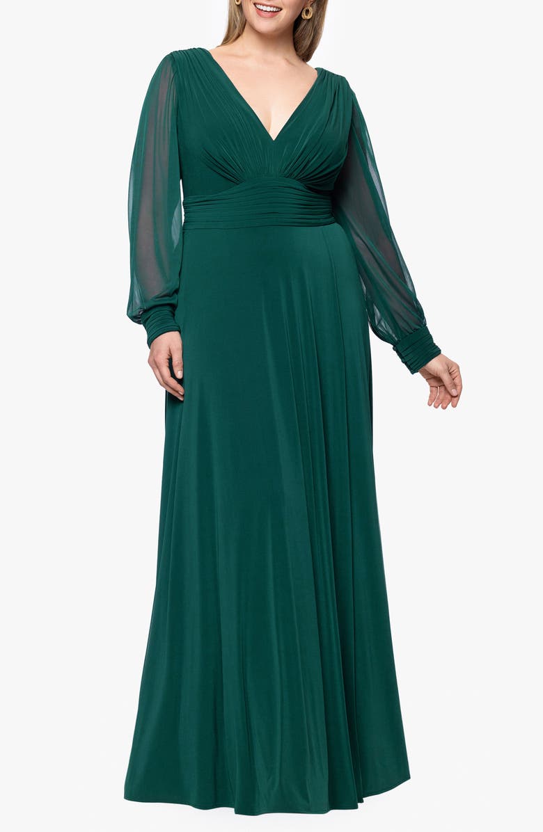 Betsy & Adam V-Neck Long Sleeve Chiffon Gown, Main, color, Forest