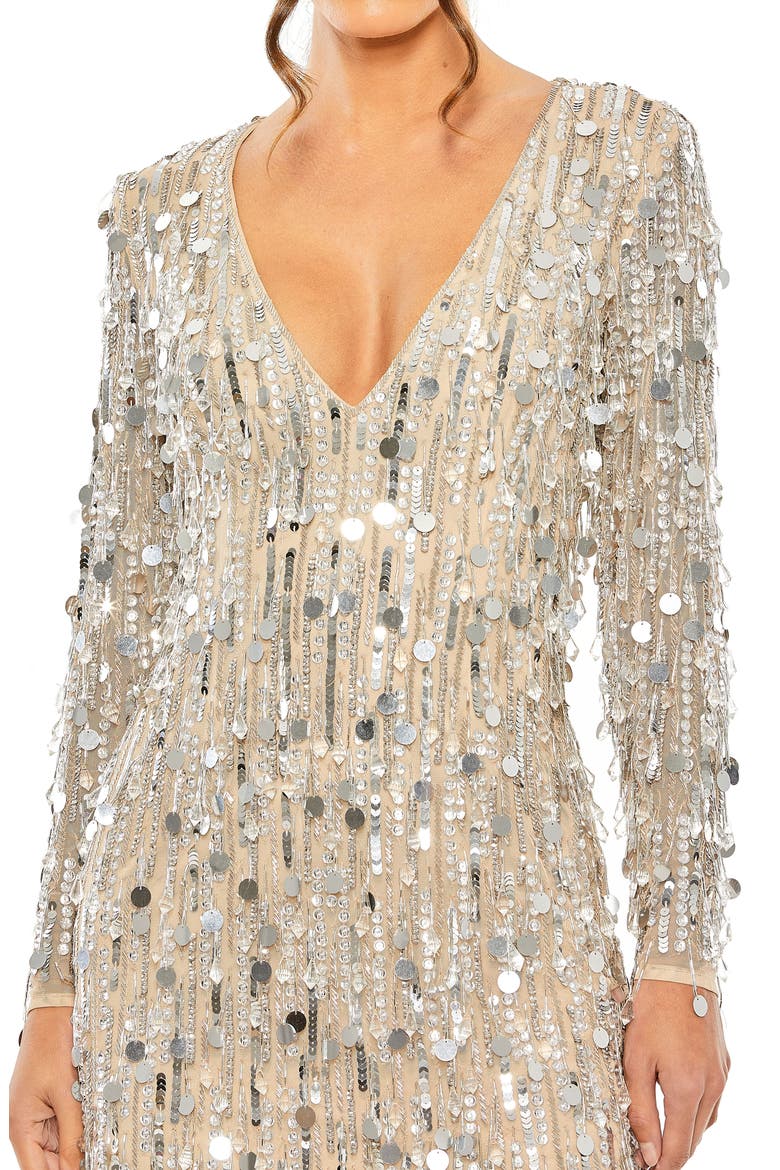 Beaded Fringe Detail Dress with Plunging Neckline and Long Sleeves, Alternate, color, NUDE SILVER