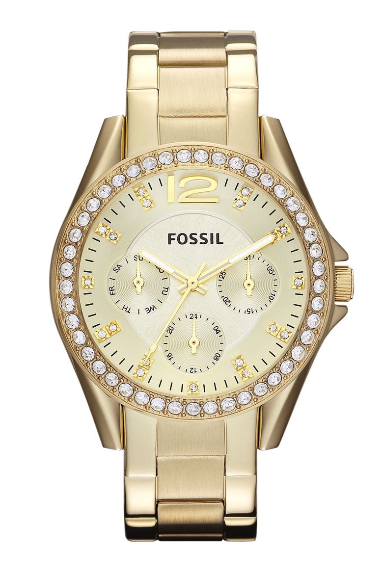'Riley' Round Crystal Bezel Bracelet Watch, 38mm, Main, color, GOLD