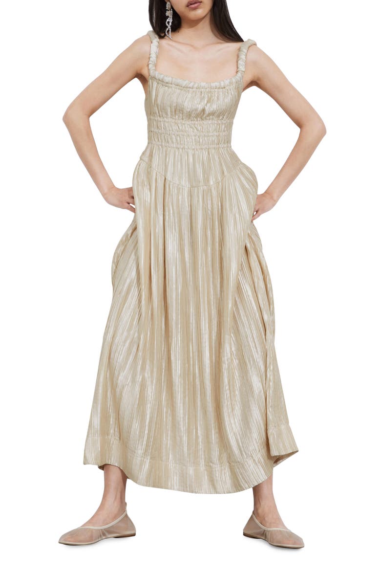 Pleated Metallic Satin Dress, Main, color, CREAM