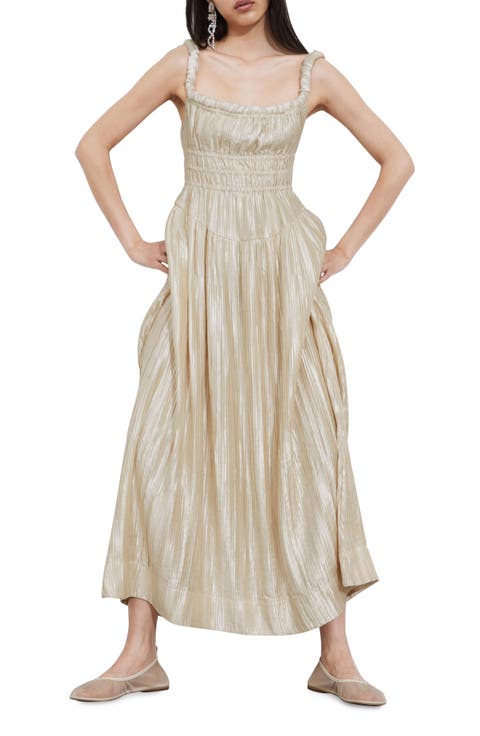 Pleated Metallic Satin Dress