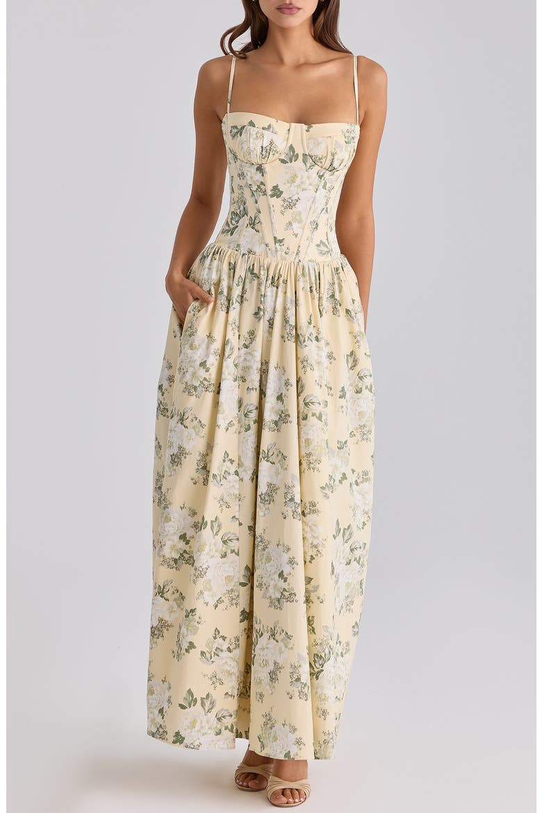 Rona Lemon Floral Stretch Cotton Maxi Sundress, Alternate, color, LEMON FLORAL