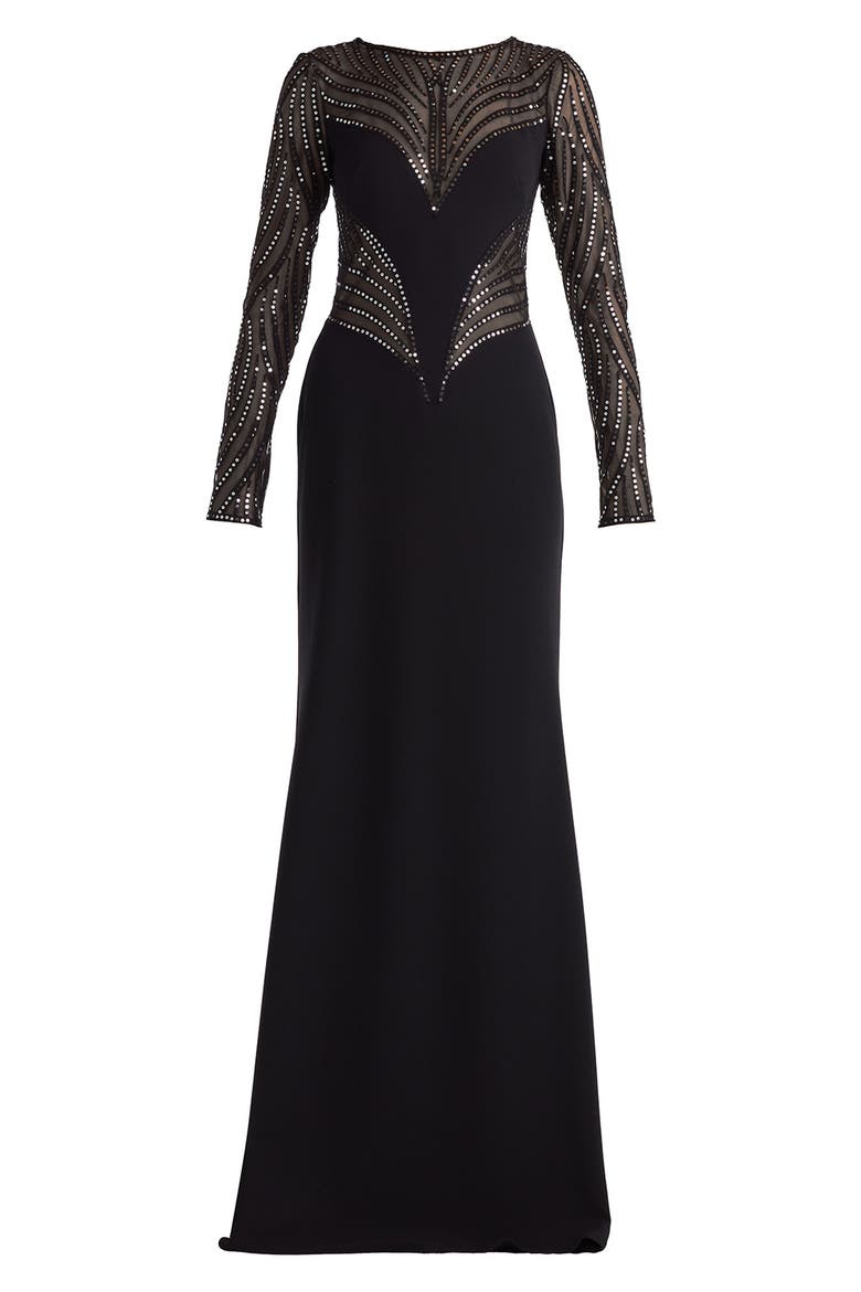 Sequin Mesh Long Sleeve Gown, Alternate, color, BLACK/ SILVER