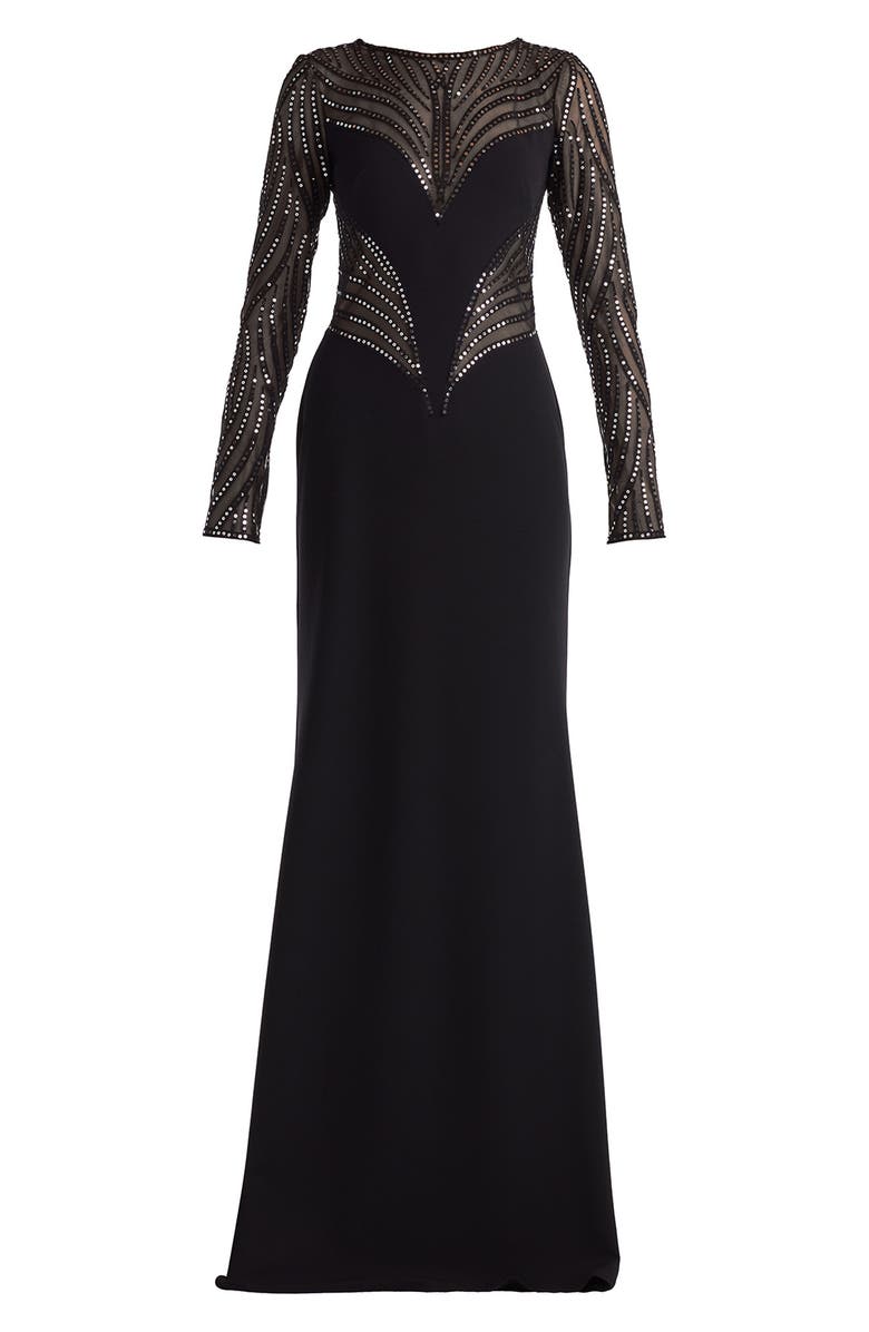 Tadashi Shoji Sequin Mesh Long Sleeve Gown, Alternate, color, Black/ Silver