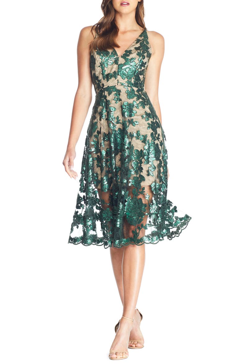 Maria Embellished Fit & Flare Dress, Main, color, OLIVE/ NUDE