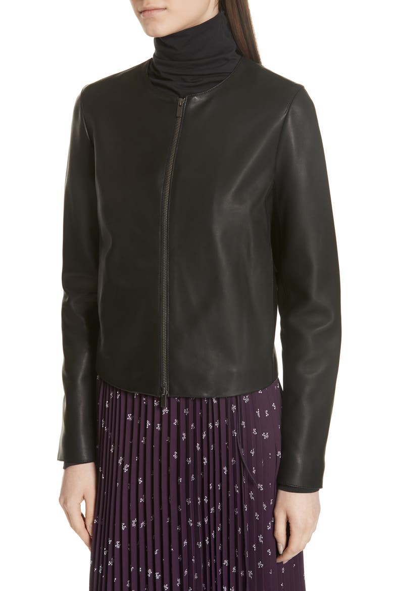 Collarless Leather Jacket, Alternate, color, BLACK