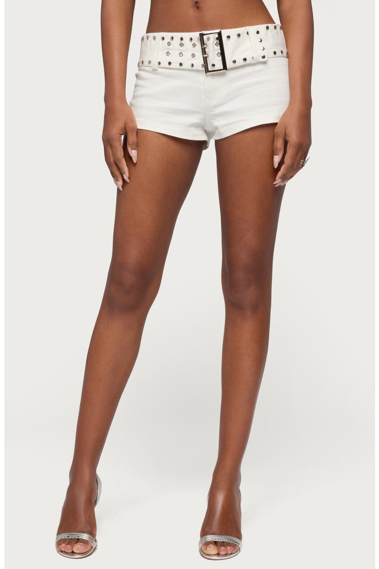 Studded Belt Denim Micro Shorts, Main, color, WHITE