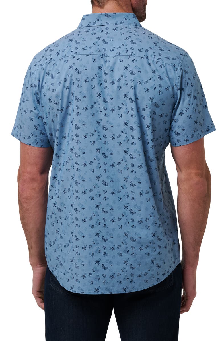 TravisMathew Something New Floral Short Sleeve Stretch Cotton Blend Button-Up Shirt, Alternate, color, Heather Captains Blue