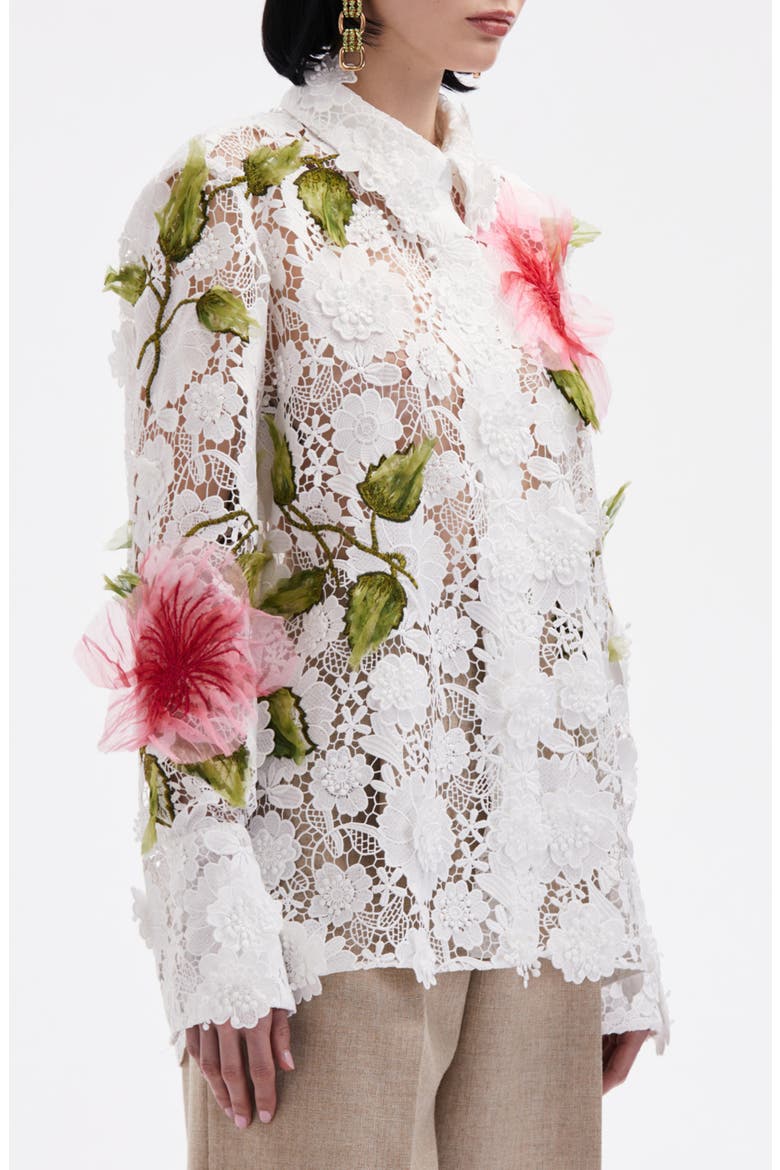 Hibiscus Embroidered Floral Guipure Button-Up Shirt, Alternate, color, WHITE