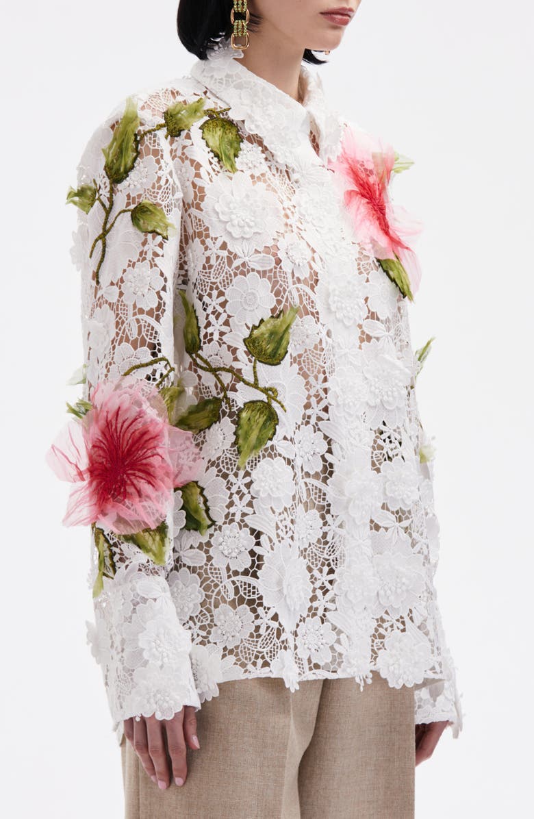 Oscar de la Renta Hibiscus Embroidered Floral Guipure Button-Up Shirt, Alternate, color, 