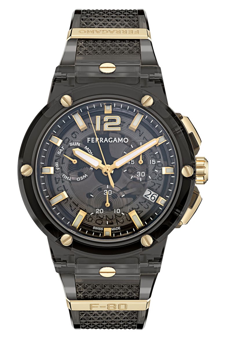 F-80 Translucent Chronograph Recycled Polyurthane Strap Watch, 44mm, Main, color, BLACK