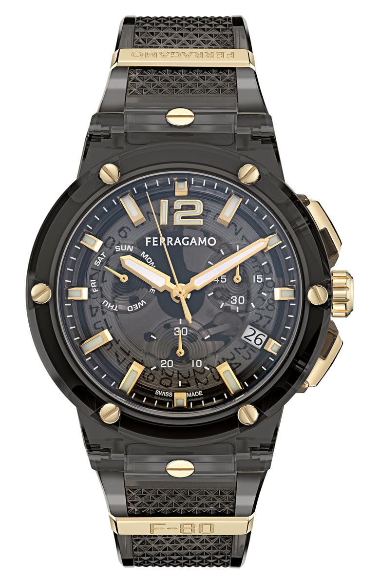 FERRAGAMO F-80 Translucent Chronograph Recycled Polyurthane Strap Watch, 44mm, Main, color, Black