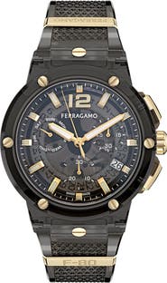FERRAGAMO F-80 Translucent Chronograph Recycled Polyurthane Strap Watch, 44mm