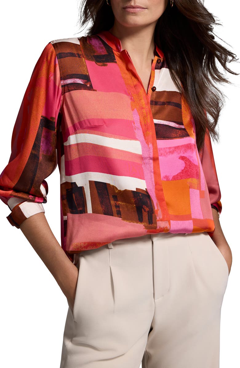 NIC+ZOE Artful Blocks Glossy Button-Up Shirt, Main, color, Orange Multi
