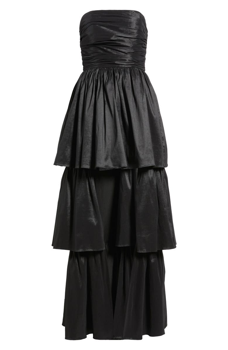 Lulus Rae Tiered Gown, Alternate, color, Black