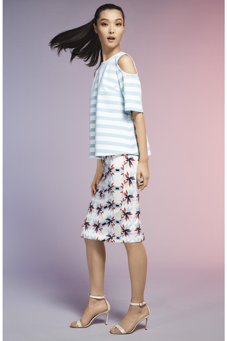 'Iris' Stripe Cold Shoulder Top, Alternate, color, WHITE/ BLUE