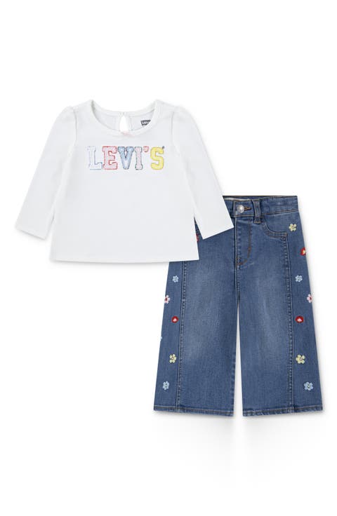 Logo Long Sleeve T-Shirt & Floral Embroidered Jeans Set (Baby)