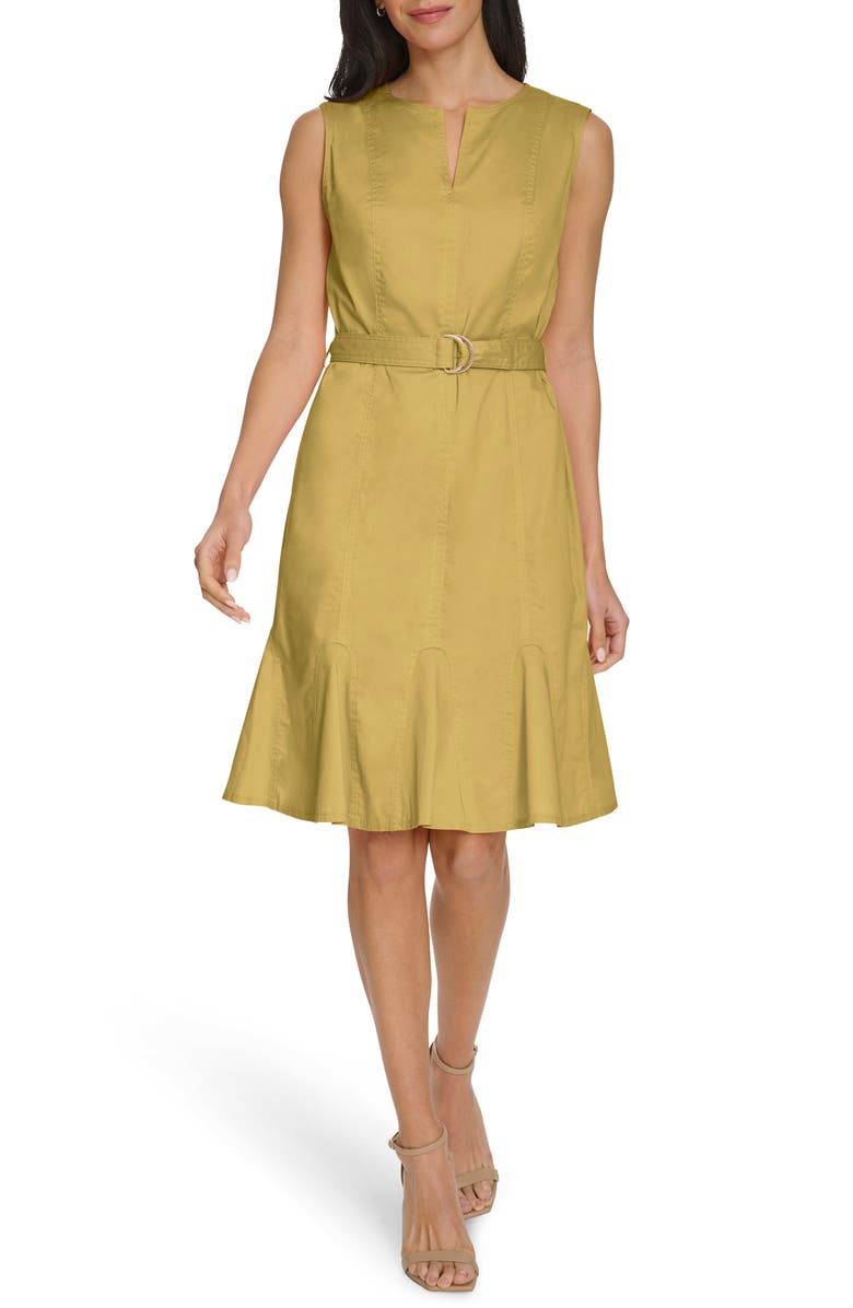 Calvin Klein Belted A-Line Dress, Main, color, Mustard