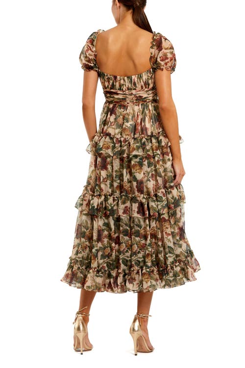 Mac Duggal Chiffon Puff Sleeve A Line Midi Dress With Ruffles In Brown