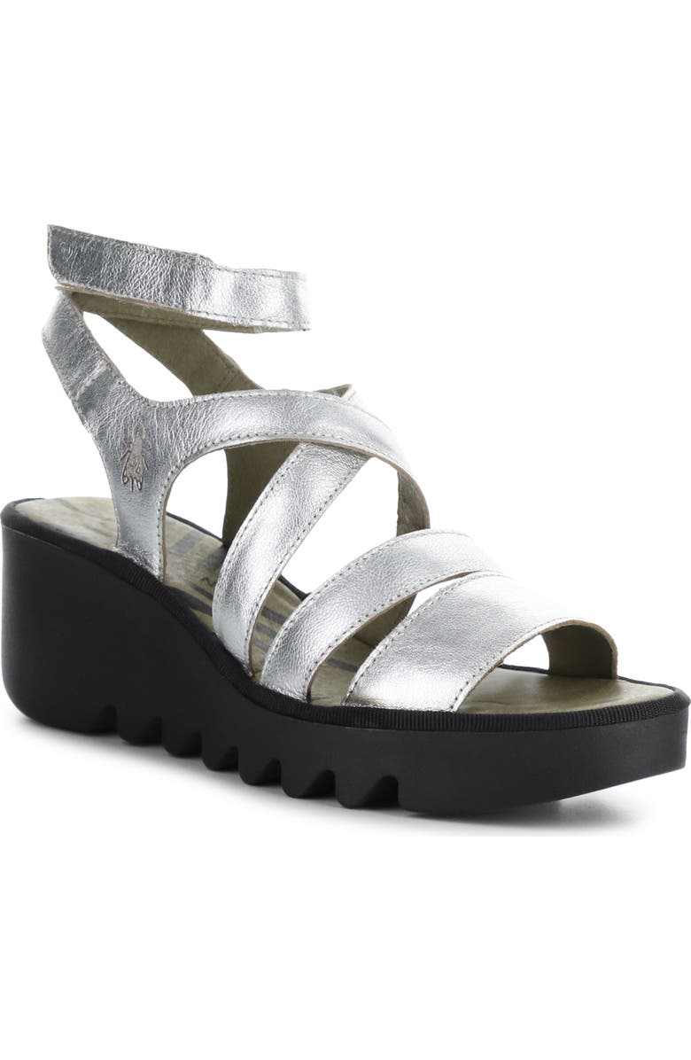 Fly London Bafy Ankle Strap Platform Wedge Sandal, Main, color, 000 Silver Idra
