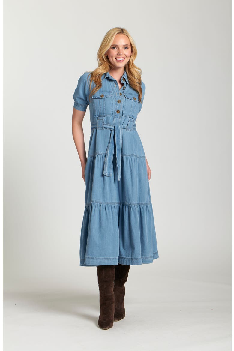 Tie Waist Tiered Midi Dress, Alternate, color, LIGHT INDIGO