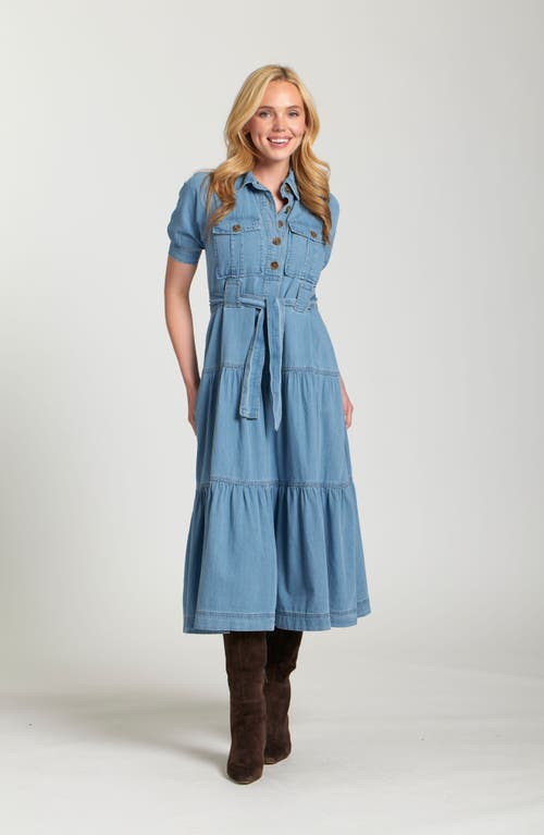 Apny Tie Waist Tiered Midi Dress In Blue