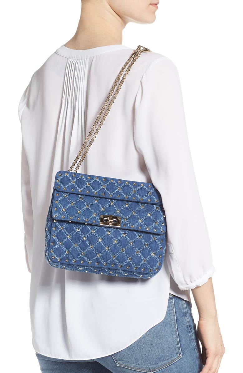 Valentino Garavani Rockstud Matelassé Denim Shoulder Bag, Alternate, color,