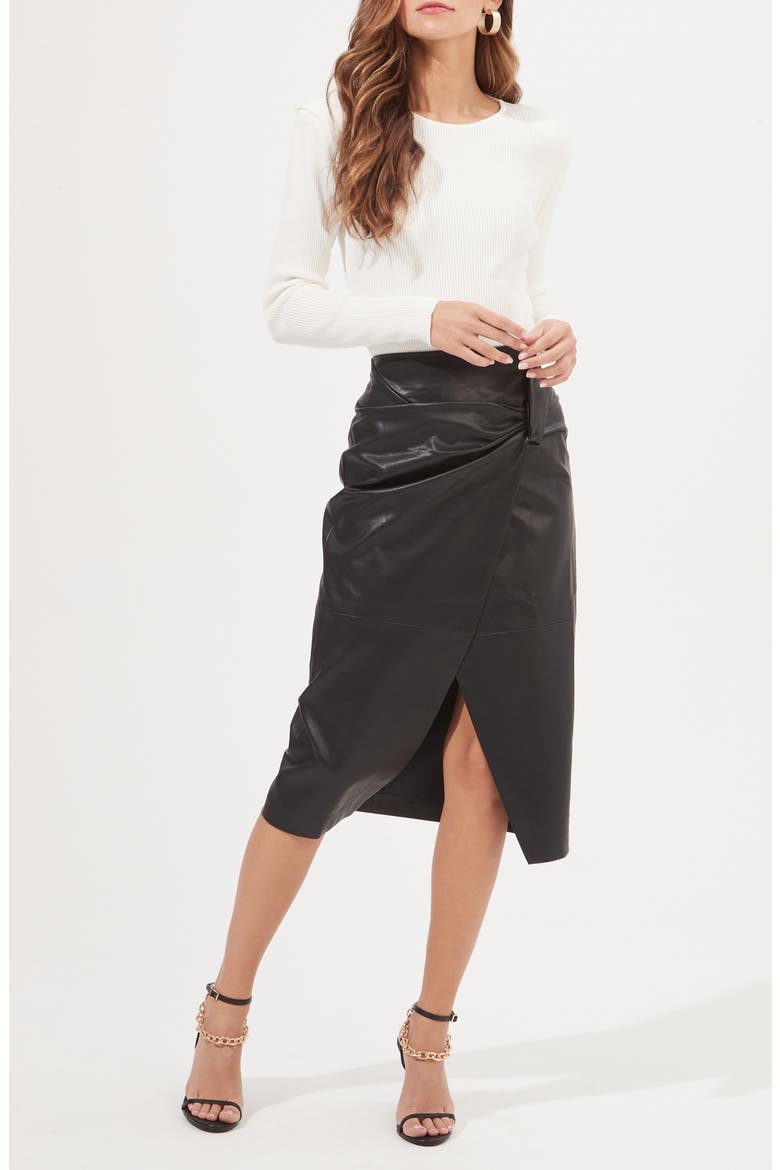 Kari Faux Leather Midi Skirt, Alternate, color, BLACK