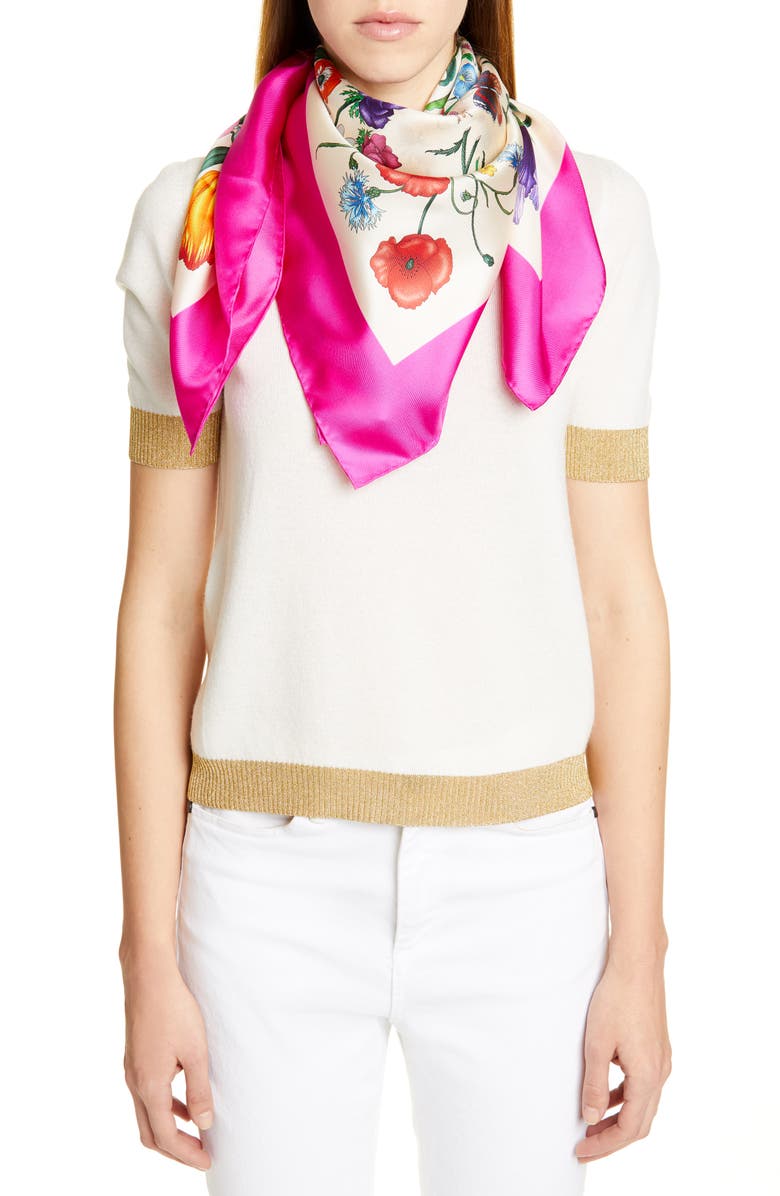 Gucci Flora Print Silk Twill Scarf, Alternate, color, 