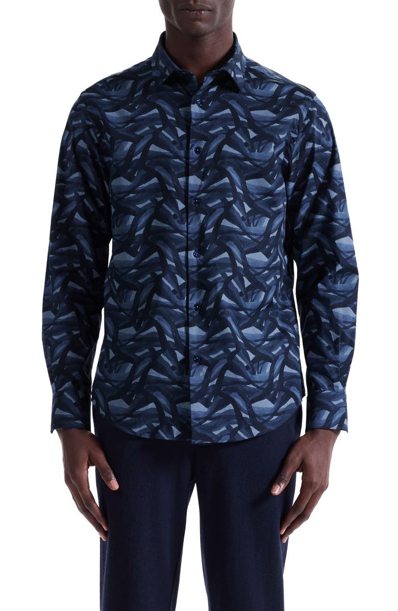 Bugatchi Julian Shaped Fit Abstract Wave Print Stretch Cotton Button-Up Shirt, Main, color, Navy