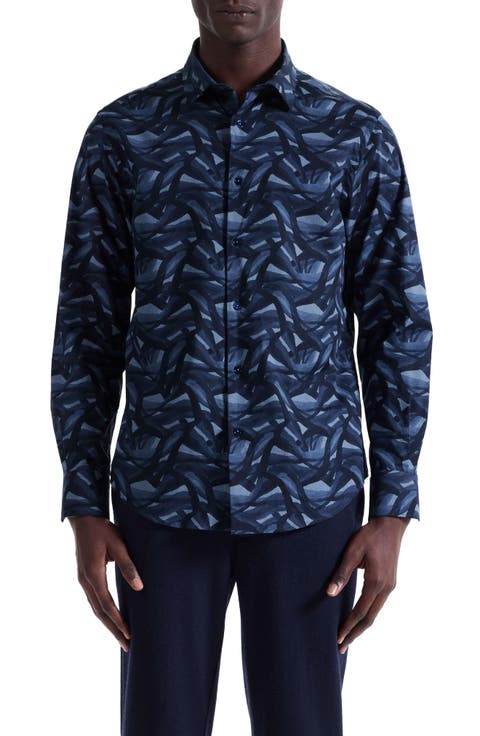 Julian Shaped Fit Abstract Wave Print Stretch Cotton Button-Up Shirt