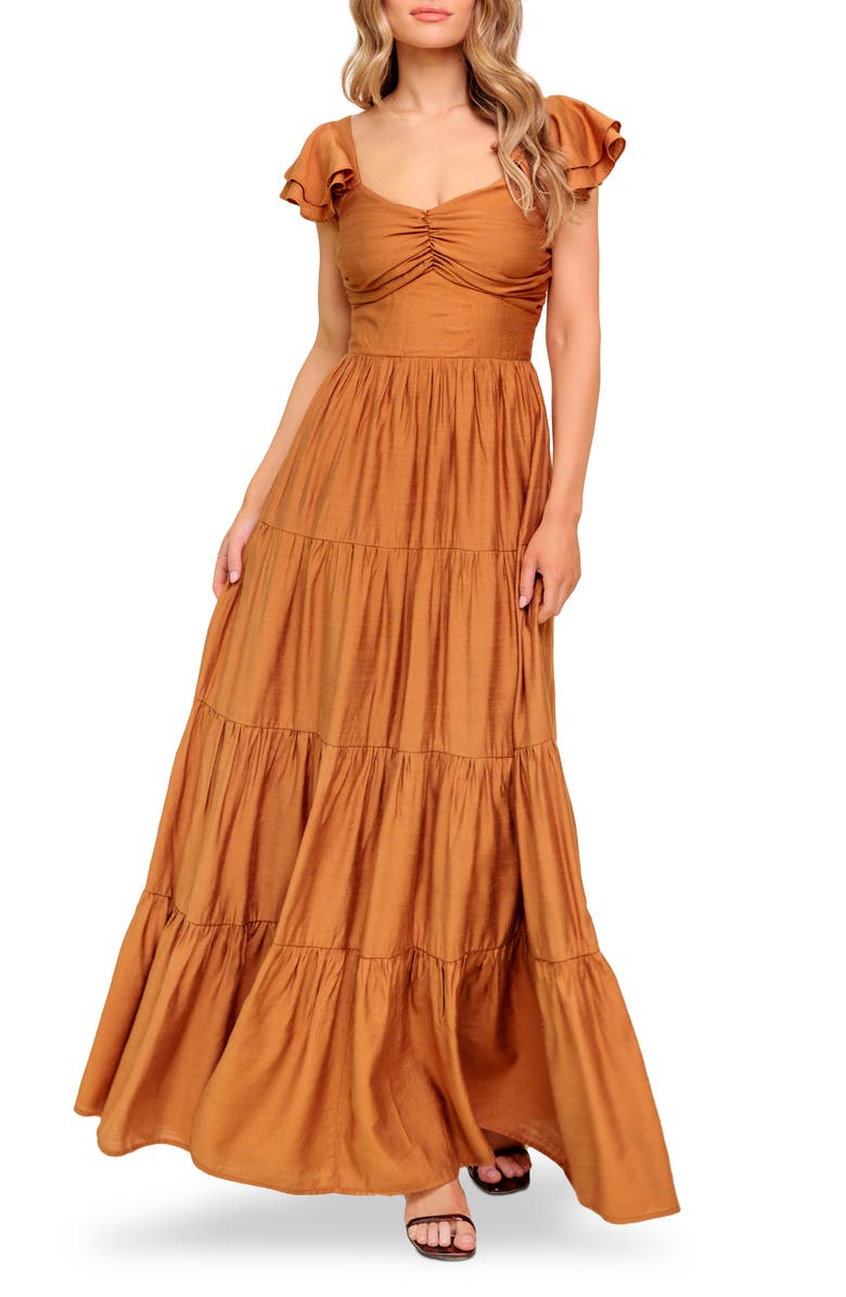 FLYING TOMATO Flutter Sleeve Tiered Maxi Dress, Main, color, Rust