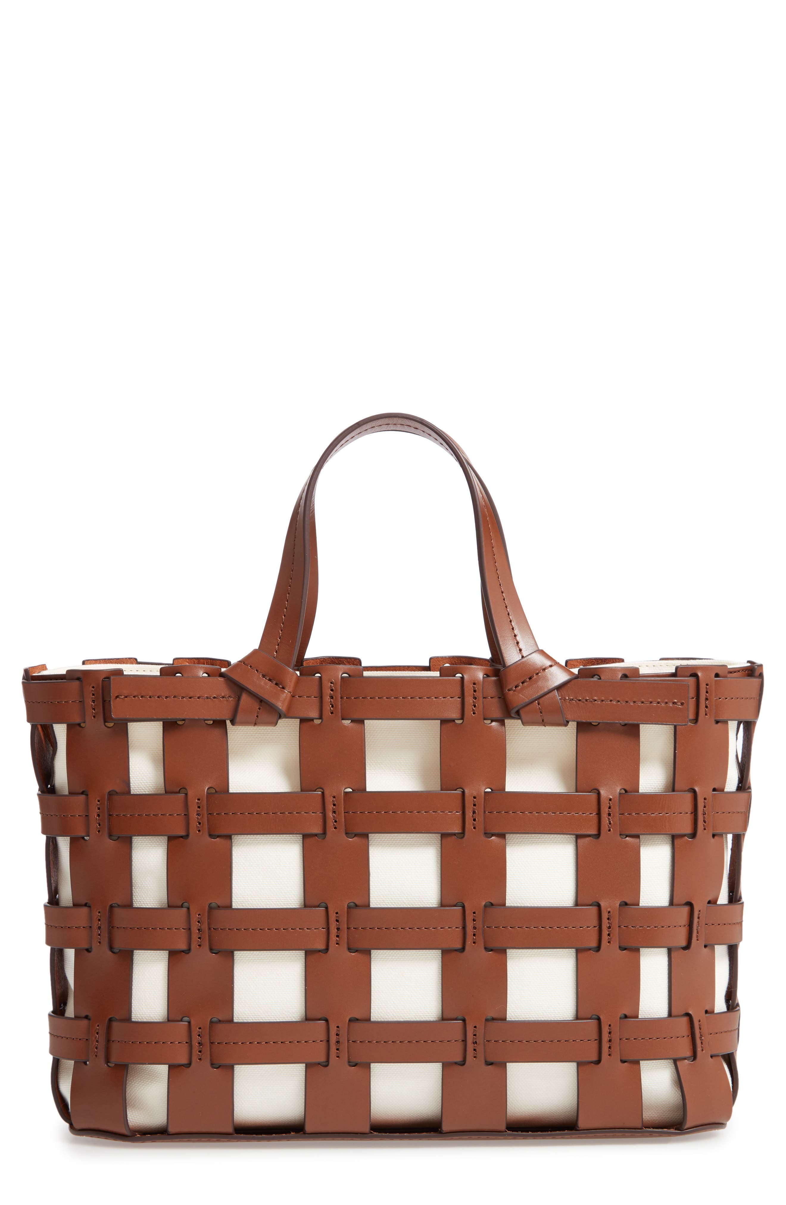 Frances Cage Leather & Canvas Tote, Main, color, SADDLE/ WHITE